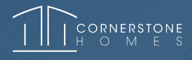 The corner stone homes logo on a blue background